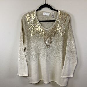 Alfred Dunner Gold Cream Ombre Sweater With Sequin Bead Embellishments Sz XL
